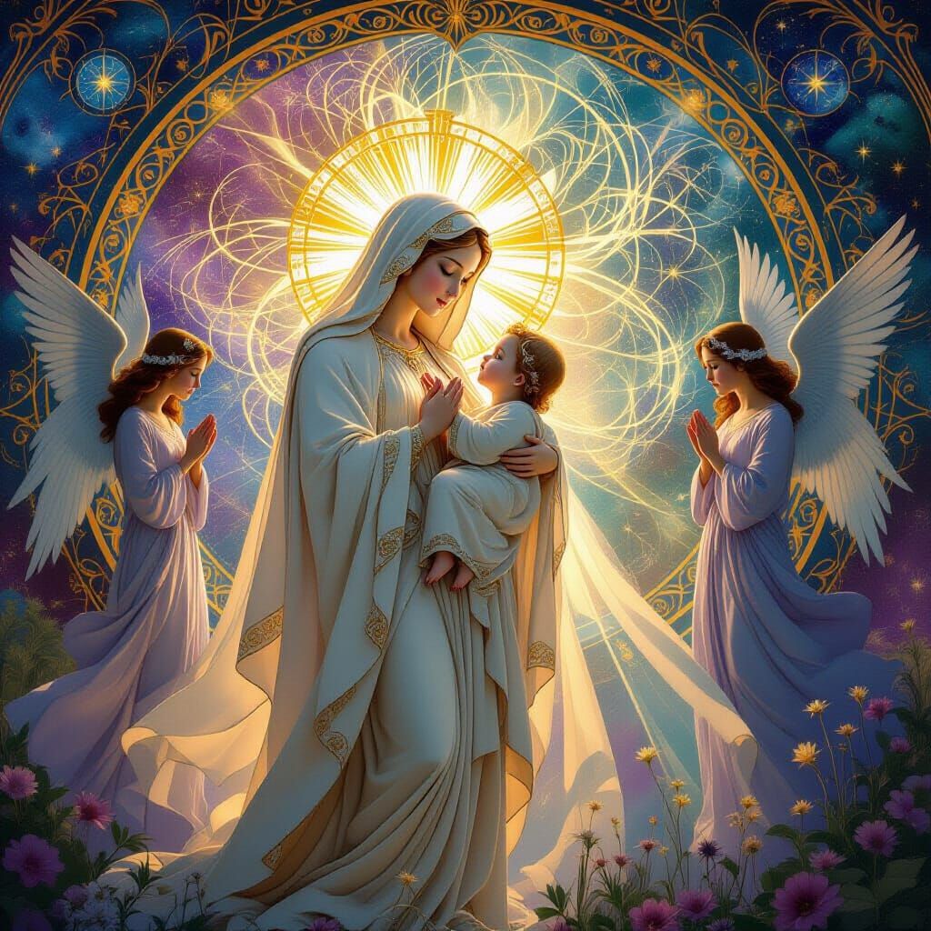 Mother Mary and Jesus Radiating Golden Light with Angels