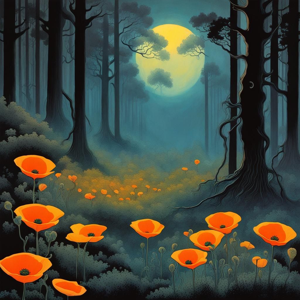 Moonlit Forest with Poppies in Psychedelic Style