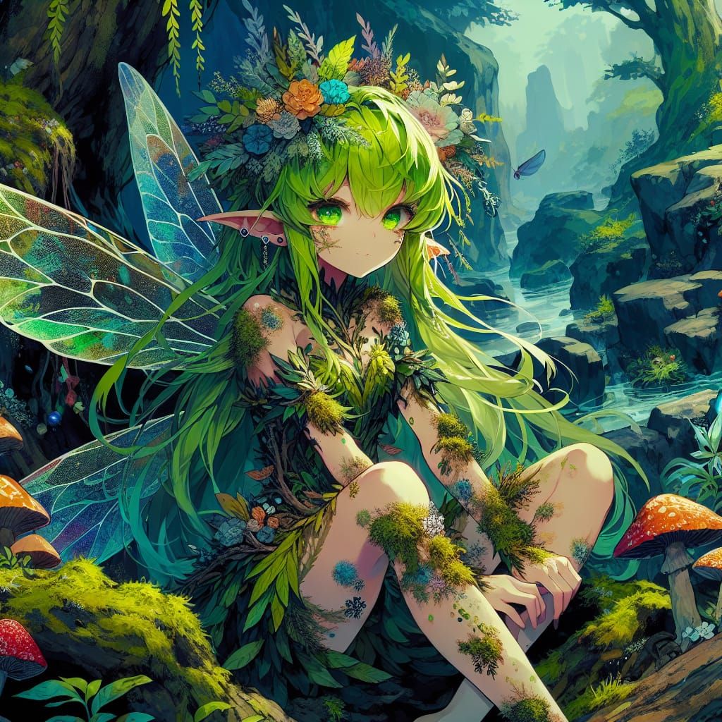 Anime Fairy in Lush Forest Concept Art