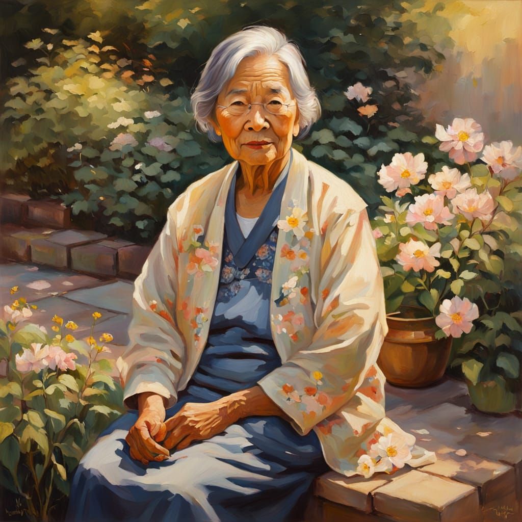 Serene Asian Woman in Garden: Oil Painting