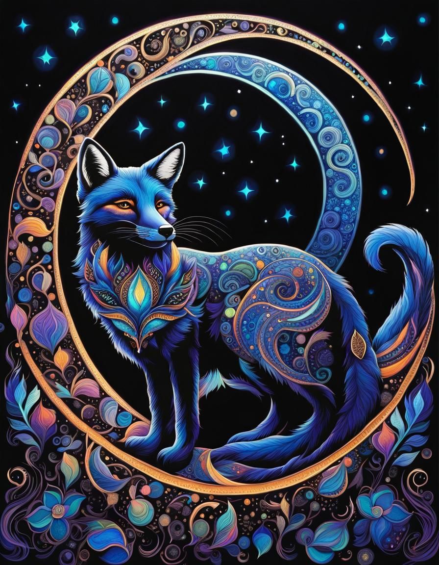 Fox on Crescent Moon in Liquid Art Style