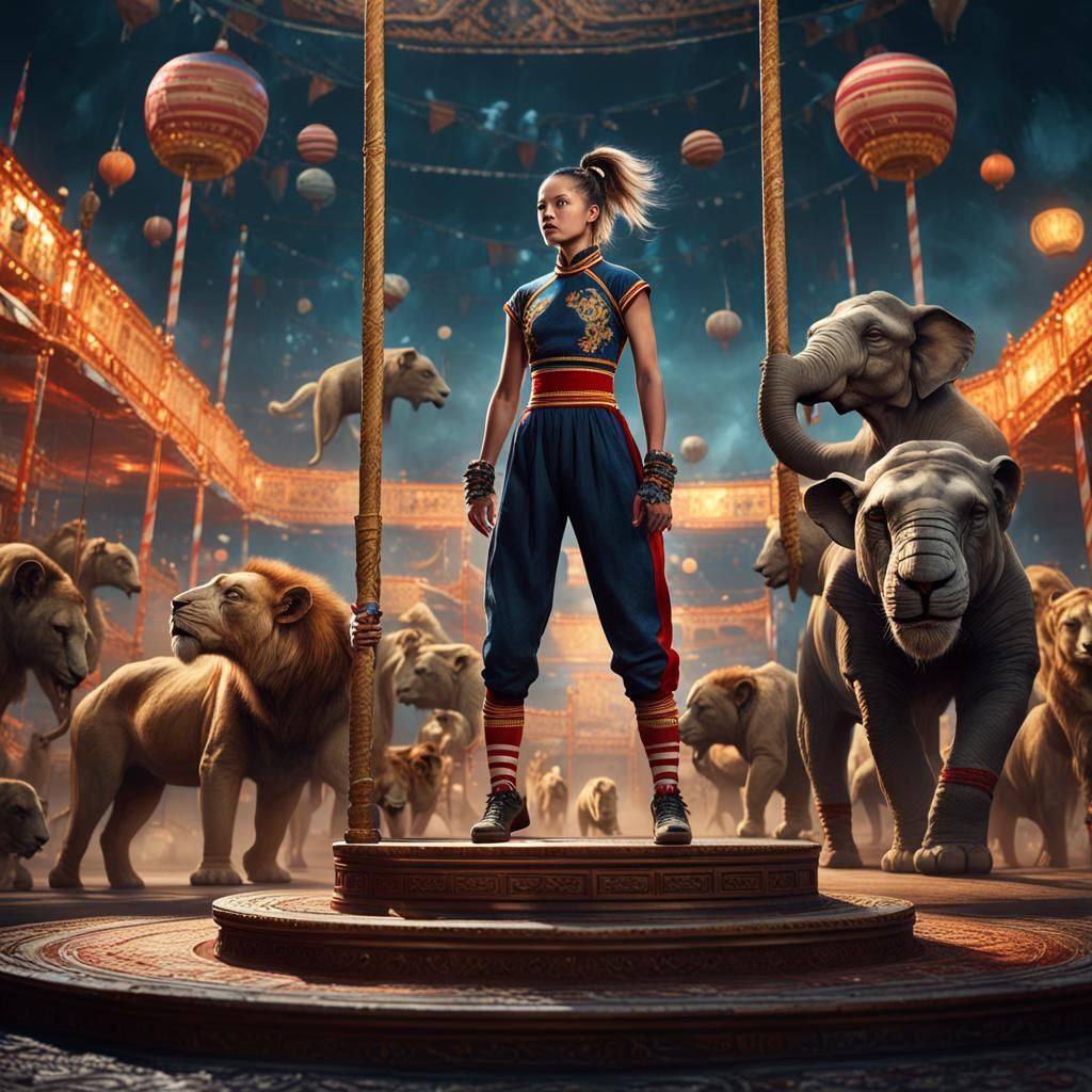 Striped Woman Balances in Circus Ring: Fantasy Art