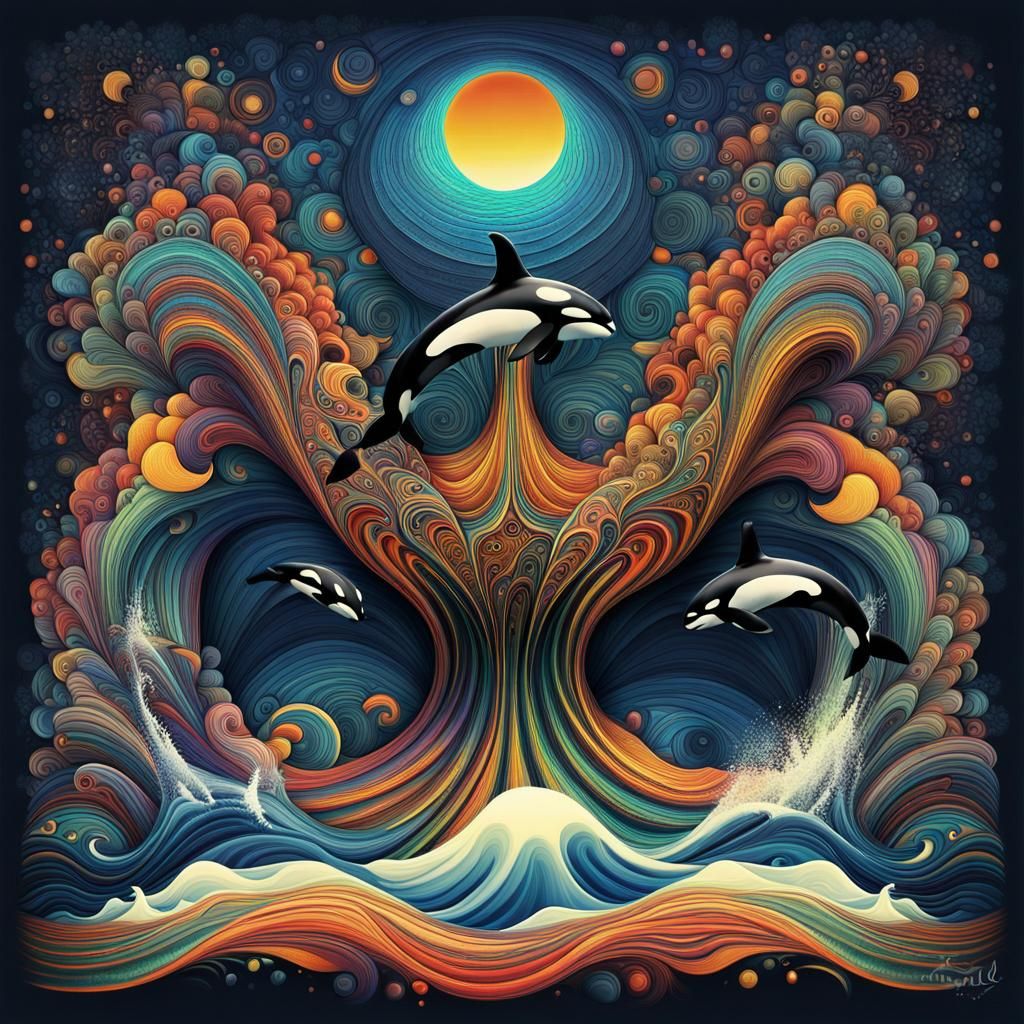 Multicolor Orca Family Leaping in Abstract Fractal Ocean
