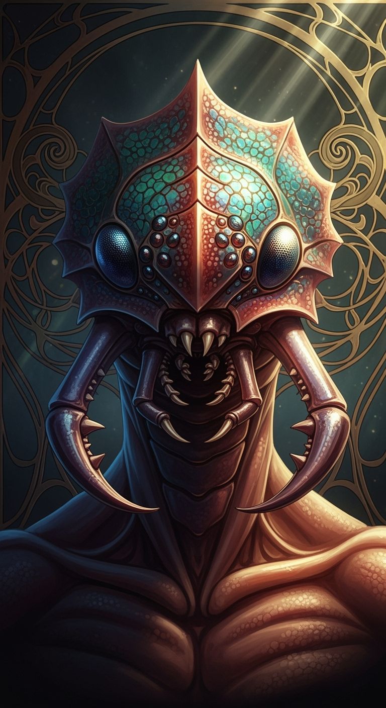 Arthropoid Portrait in Rich Crimson, Blue, and Green