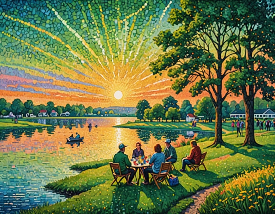 Lakeside Picnic at Sunset in Pointillism Style
