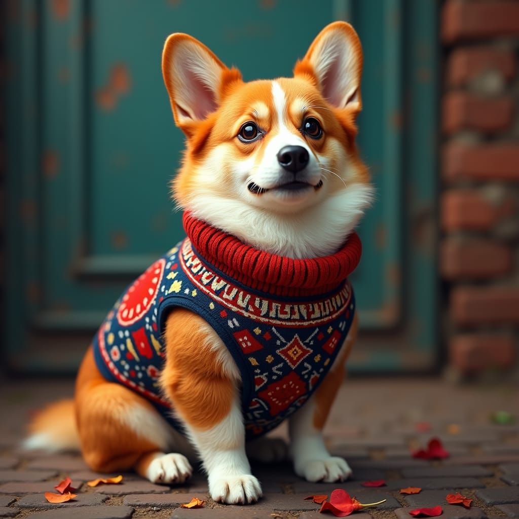 Corgi Dog in Knitted Vest, Fantasy Folklore Style
