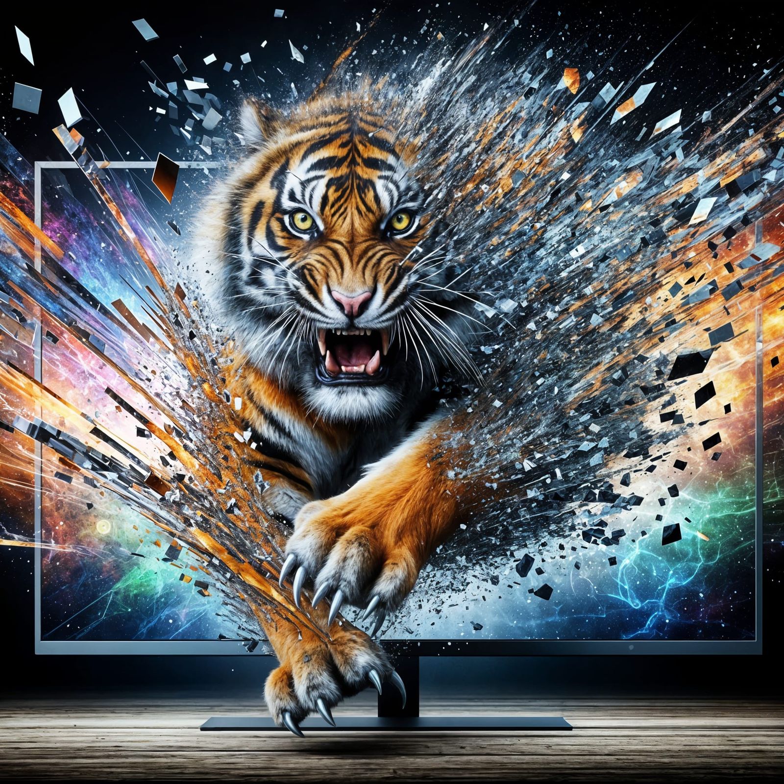 Tiger Bursting Through Digital Screen