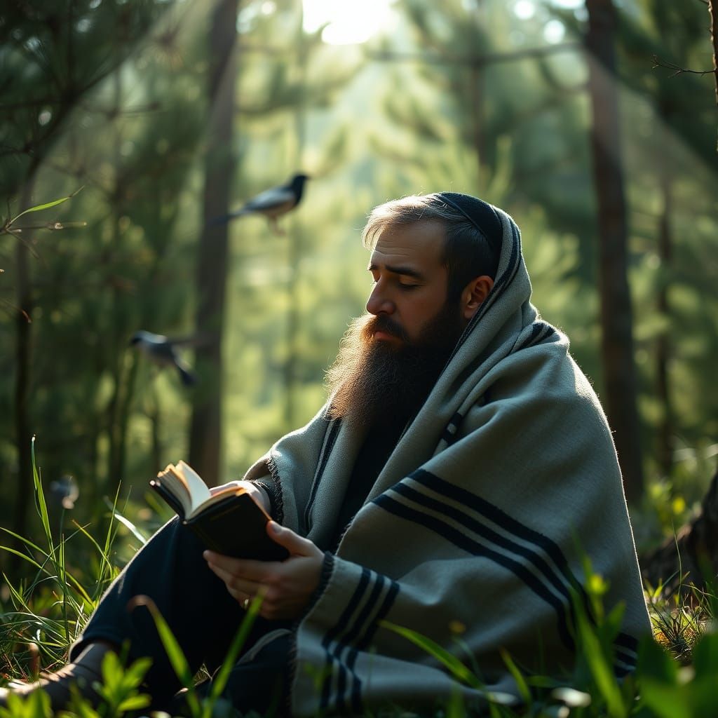 Hasidic Man Praying in Forest