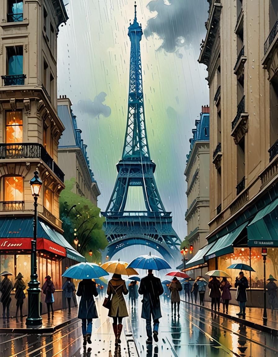 Eiffel Tower in Rainy Impressionist Style