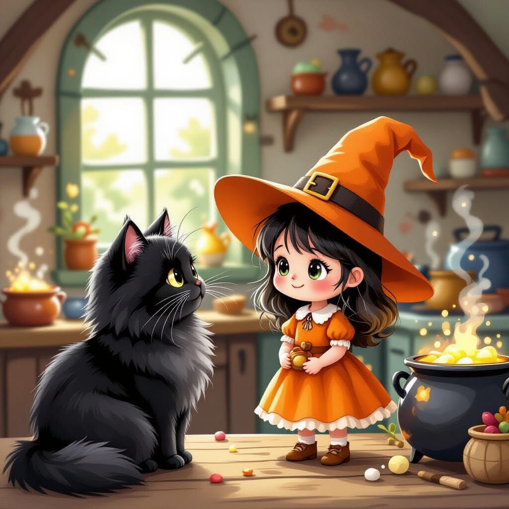 Fluffy Black Cat Meets Cute Witch in Magical Kitchen