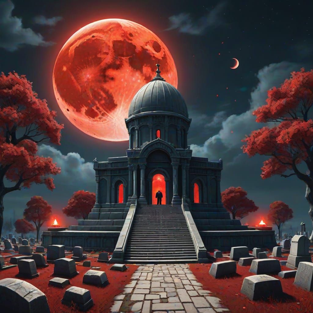 Colossal Mausoleum in Royal Cemetery Under Blood Moon