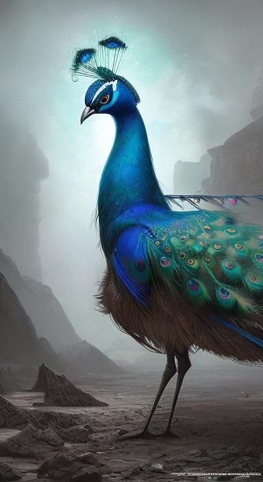 Art Deco Peacock in Hyperrealistic Wasteland