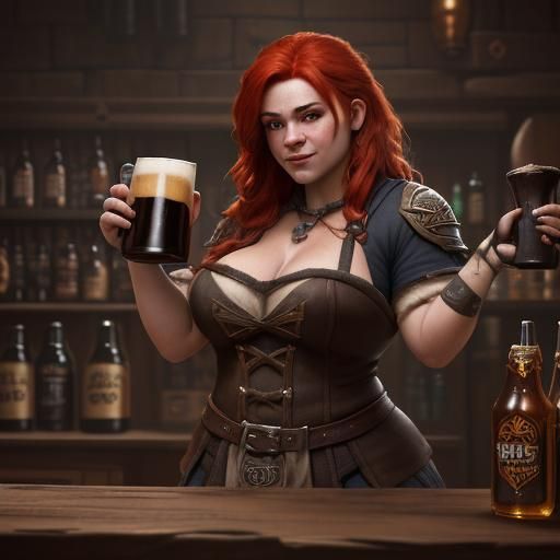Red-Haired Dwarven Bartender with Ale, Fantasy Art