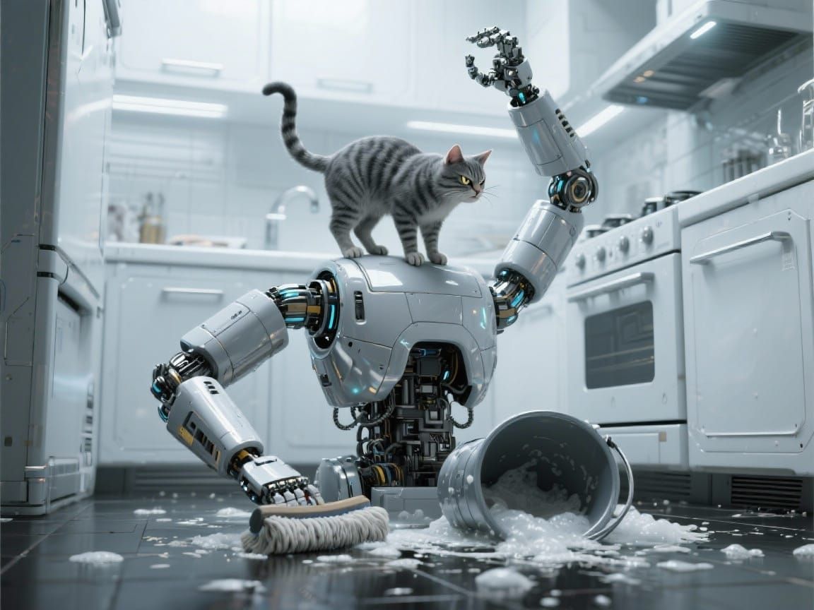 Angry Cat Perched on Robot in Futuristic Kitchen