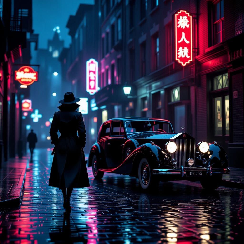 Woman on Rain-Slicked Street in Film Noir Style