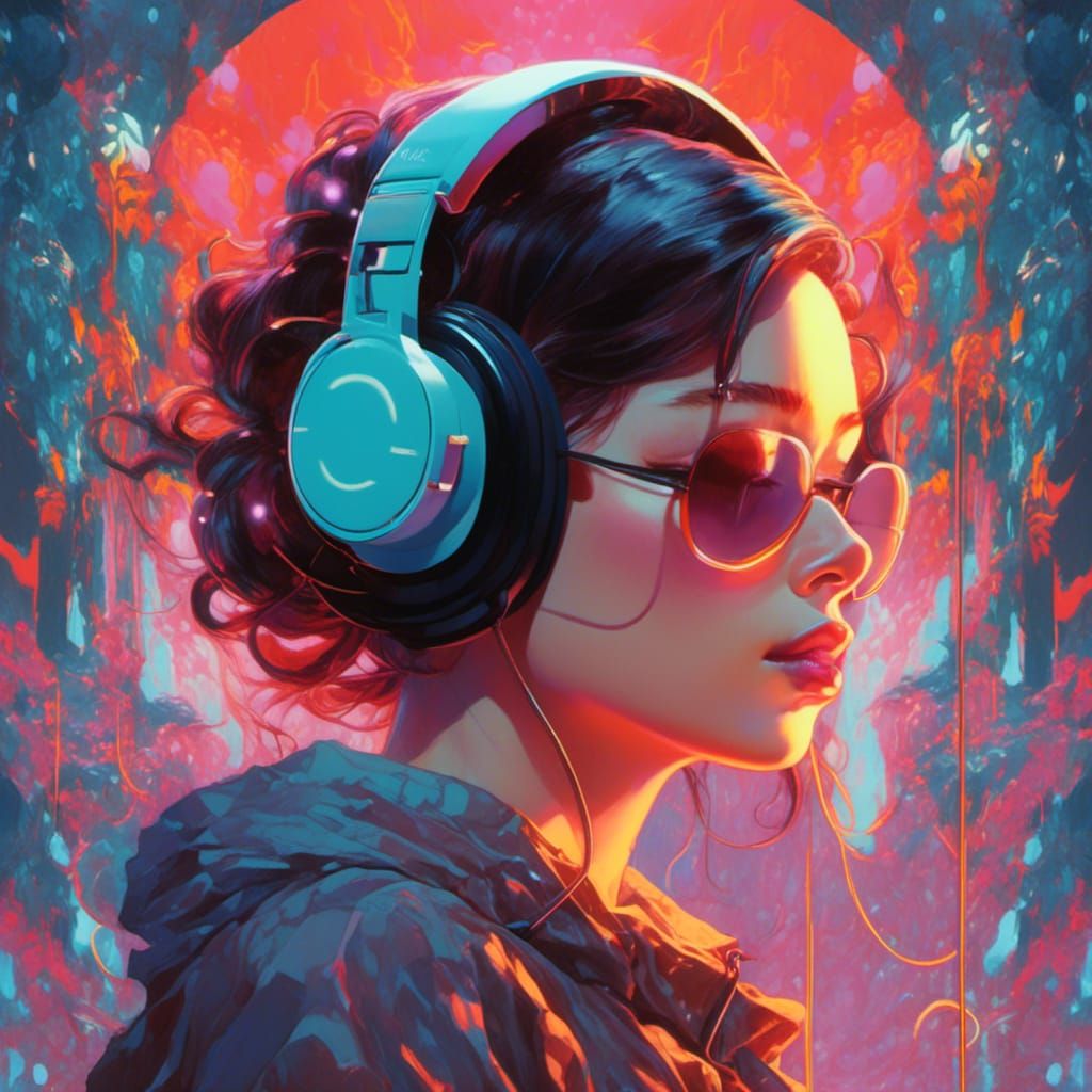 Anime woman with headphones in a style fusion of James Jean,...