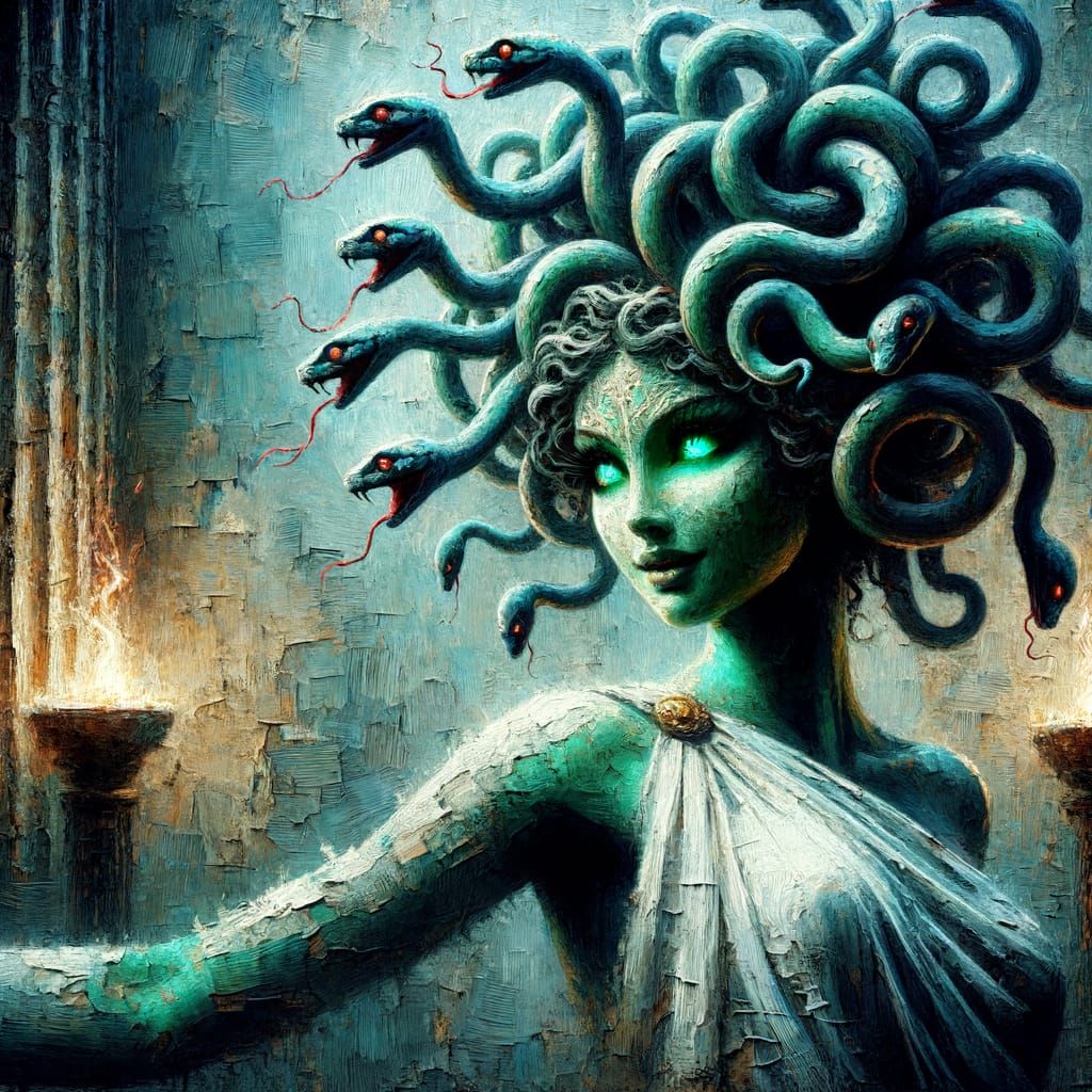 Medusa Waltzes with Stone Hero in Ancient Temple