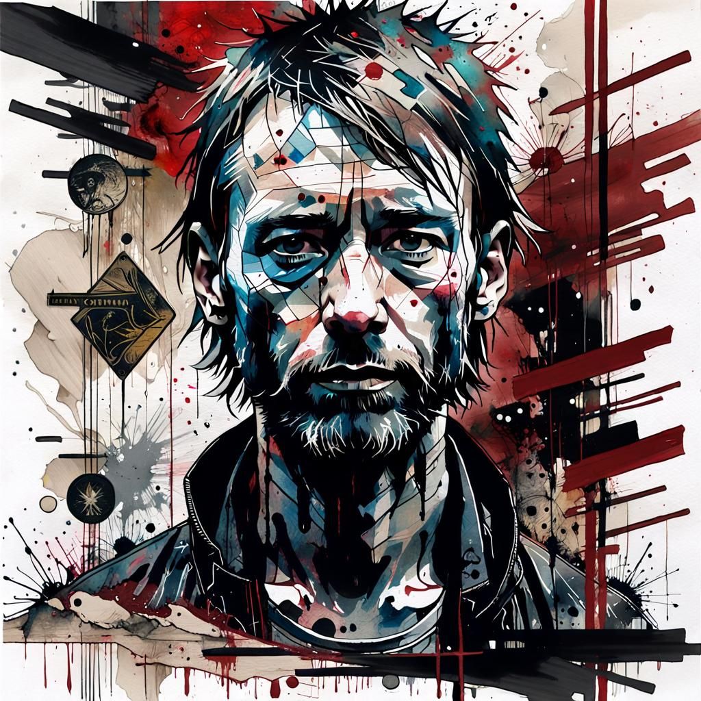 Portrait with Washed Ink and Red Accents