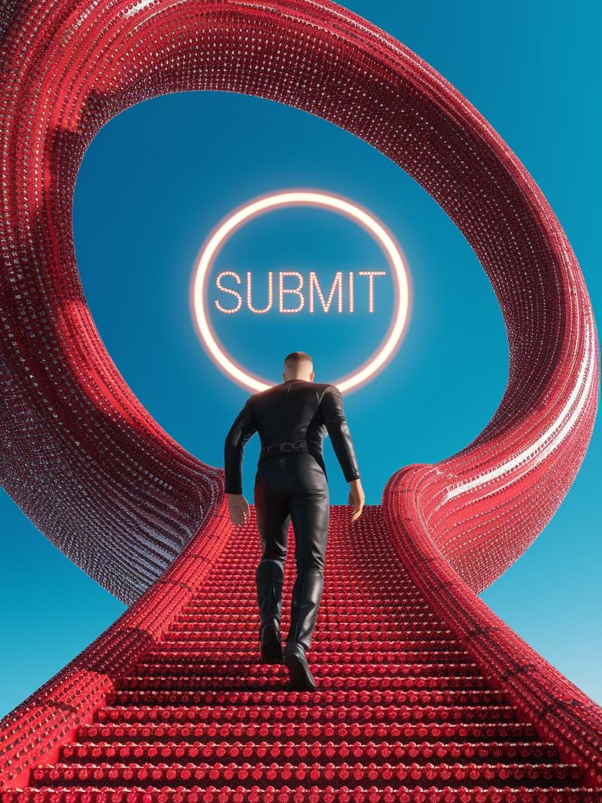 Man Climbing Rhinestone Staircase in Hyper-Detailed Realism