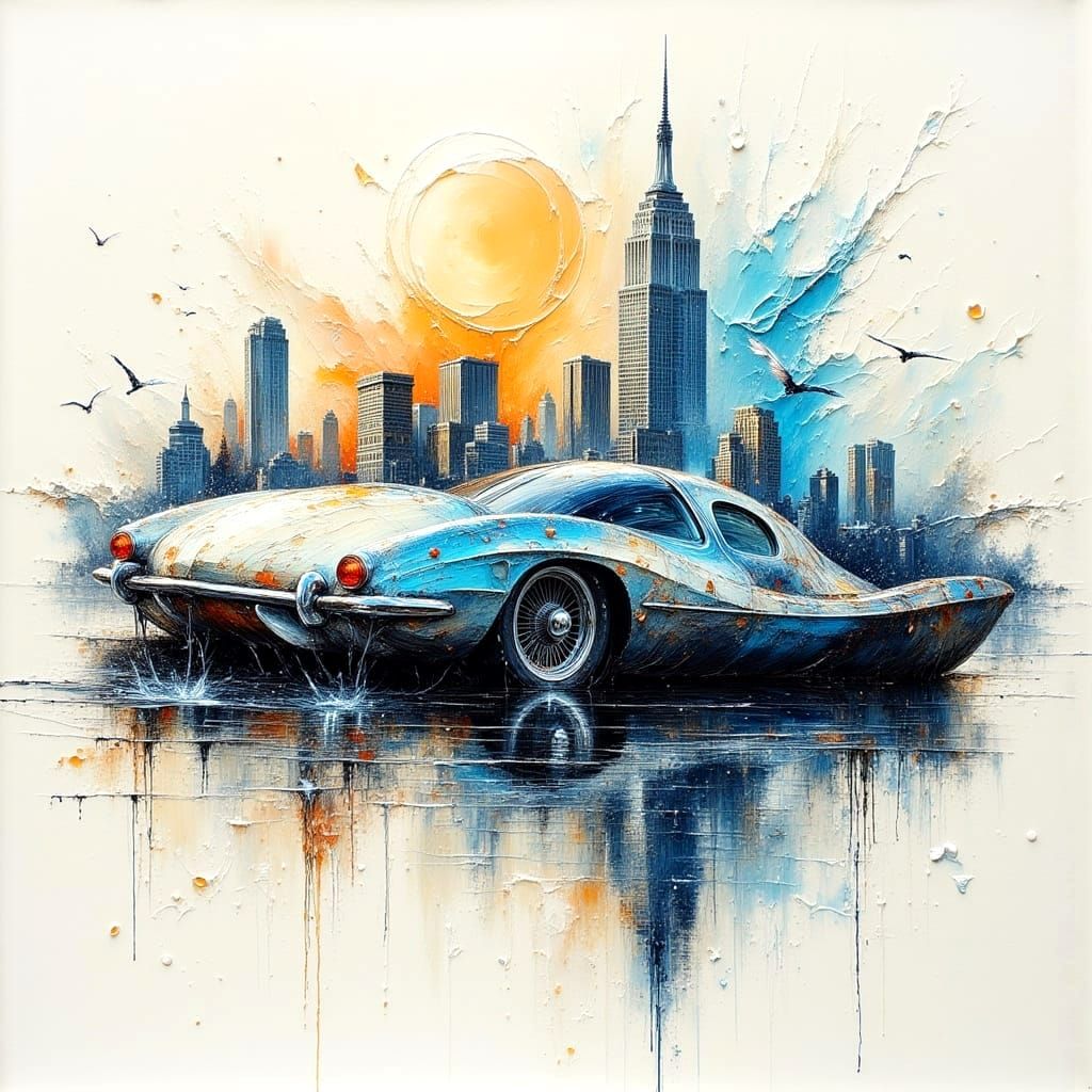 Ethereal Cityscape with Fluid Water in Impasto Style