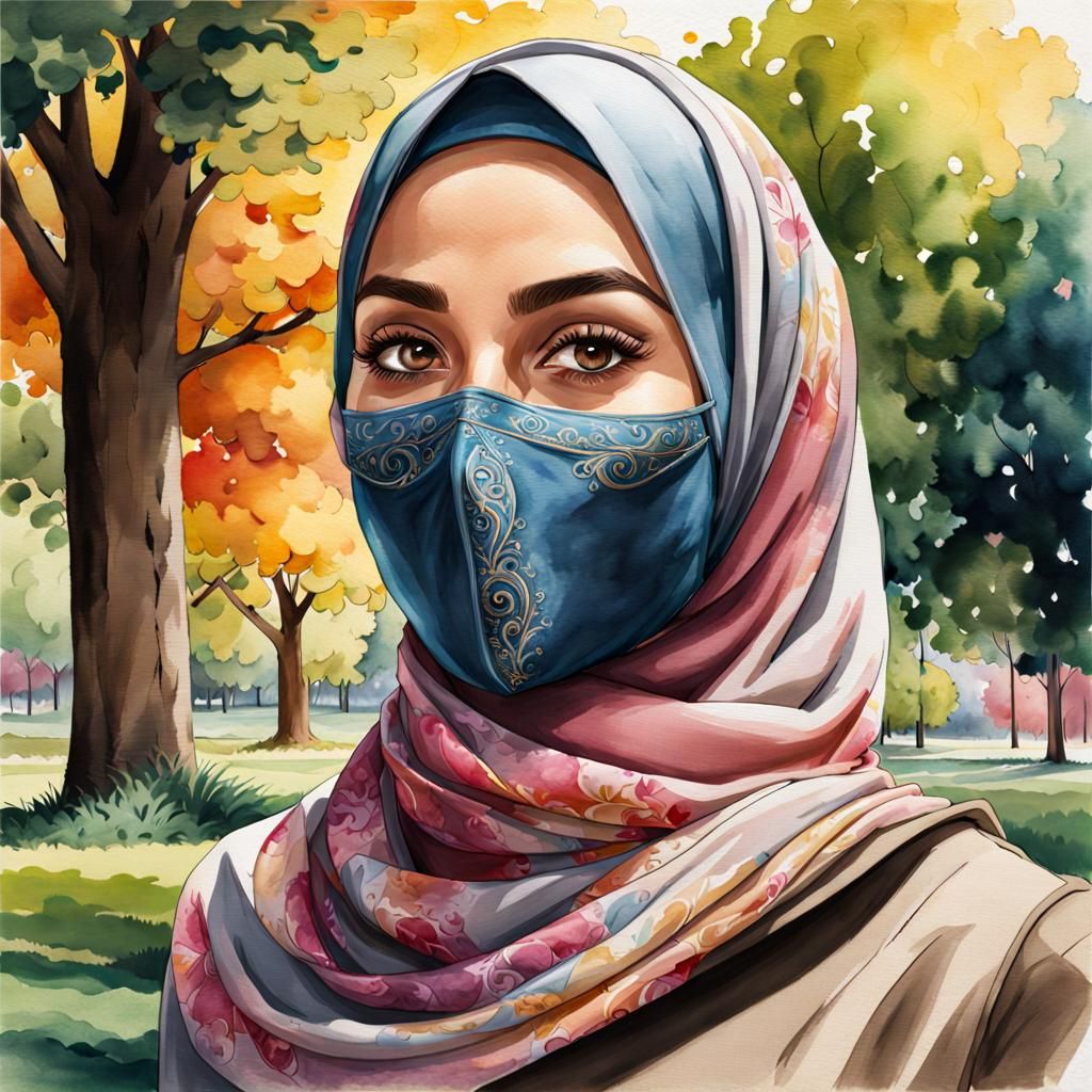 Beautiful Hijabi Student in Mask, Detailed Watercolor