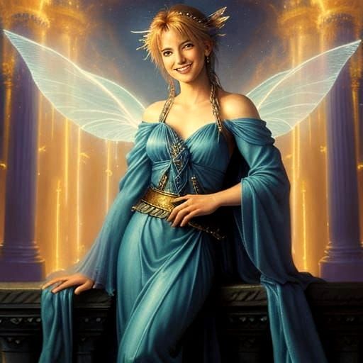 Blue Faery in Flowing Toga Amidst Electric Fire