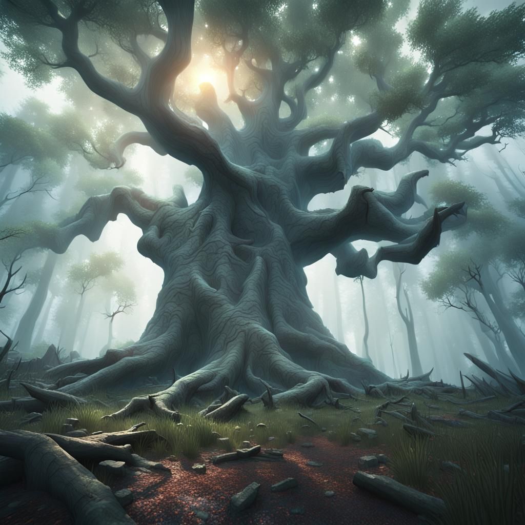 Colossal Tree in Mystical Stormy Forest