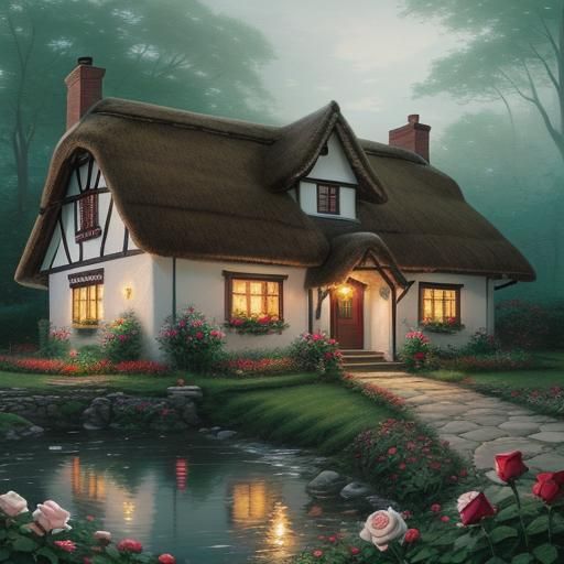 Idyllic Rose Cottage by Brook: Fantasy Landscape