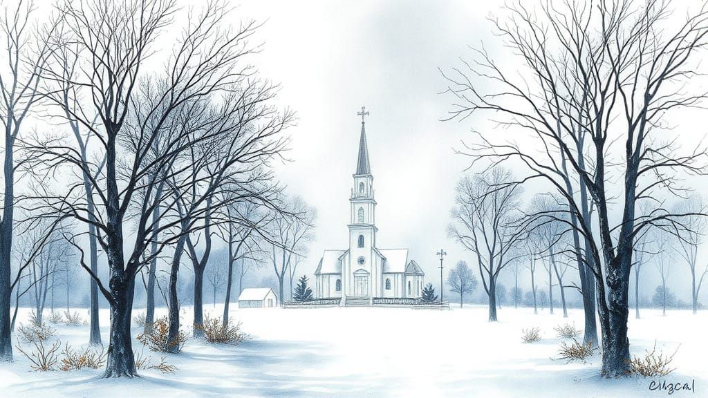 Dreamy Winter Church in a Desolate Landscape