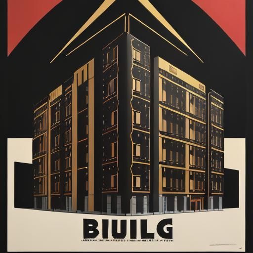Retro Building Poster in Black, Gold, and Copper