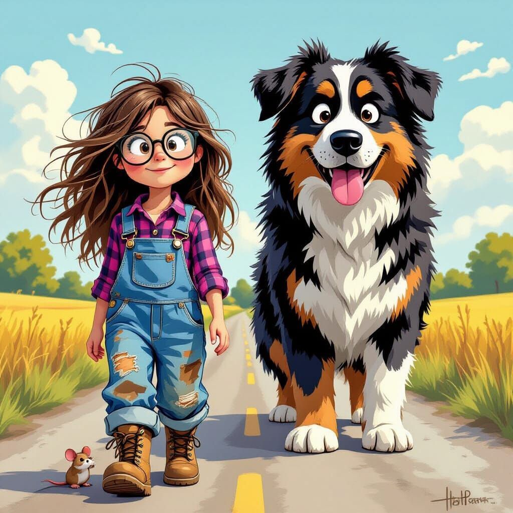 Whimsical Girl and Giant Dog on Country Road