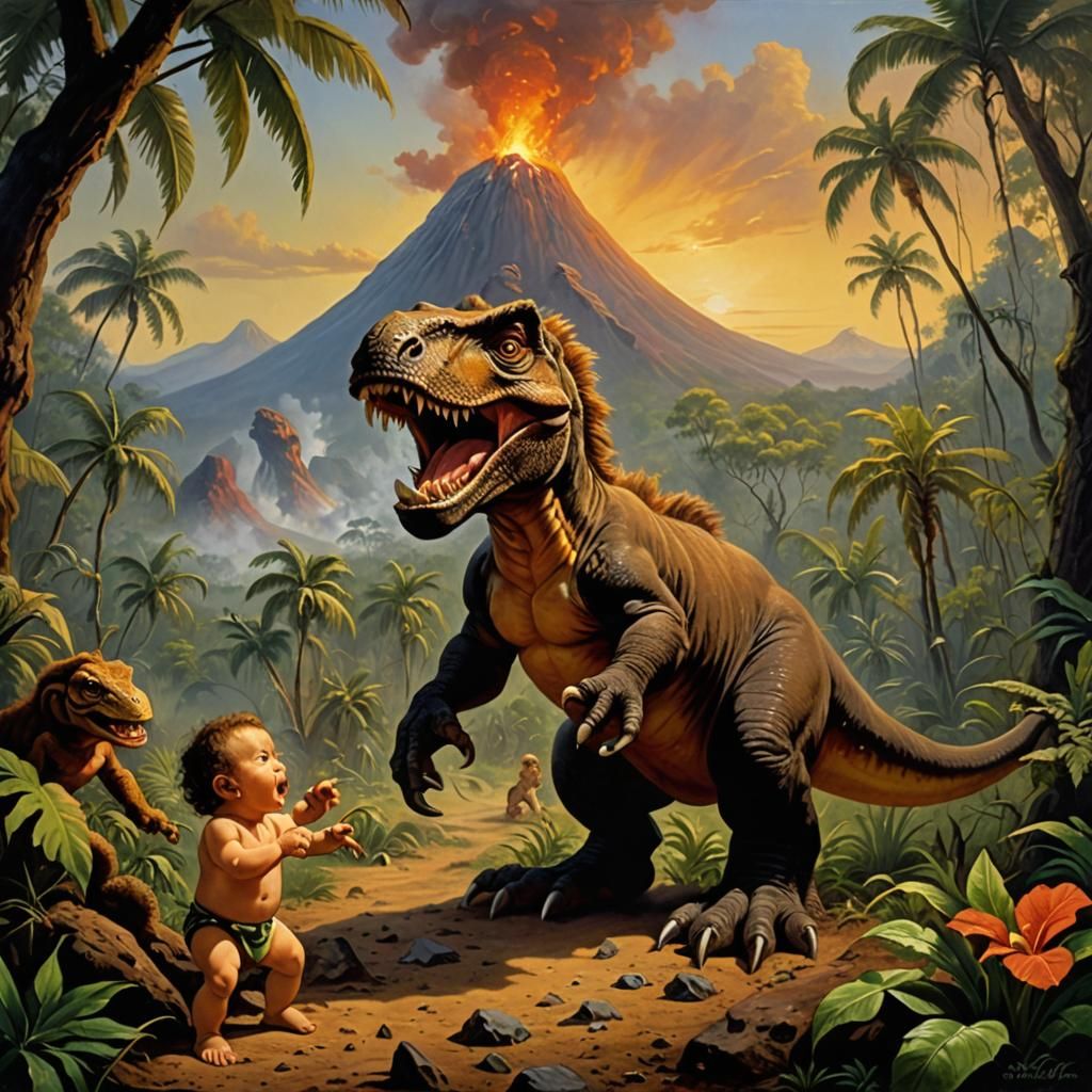 Caveman and Dinosaur in Boris Vallejo Style