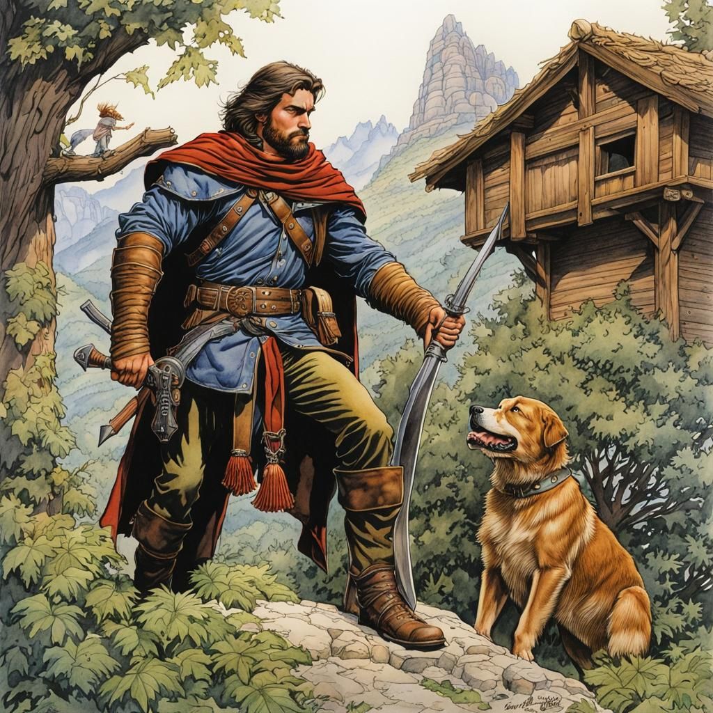 Fantasy Thief and Dog in Watercolor Storybook Illustration