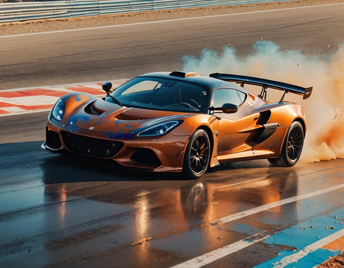 Metallic Lotus Supercar on Racetrack in Watercolor Style