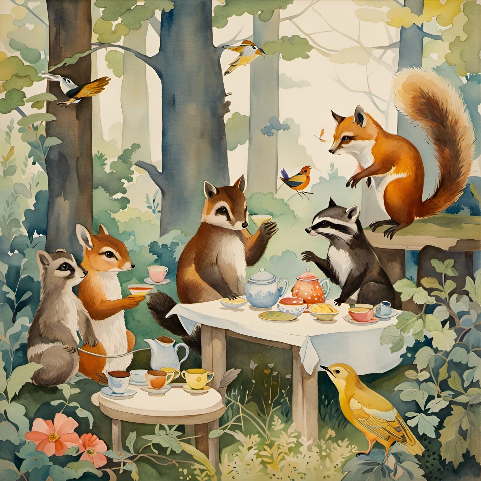 Whimsical Woodland Tea Party in Watercolor Style