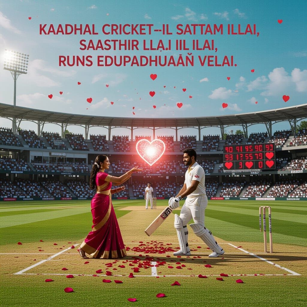 Surreal Cricket Field of Love: Rose Petals and Glowing Heart...