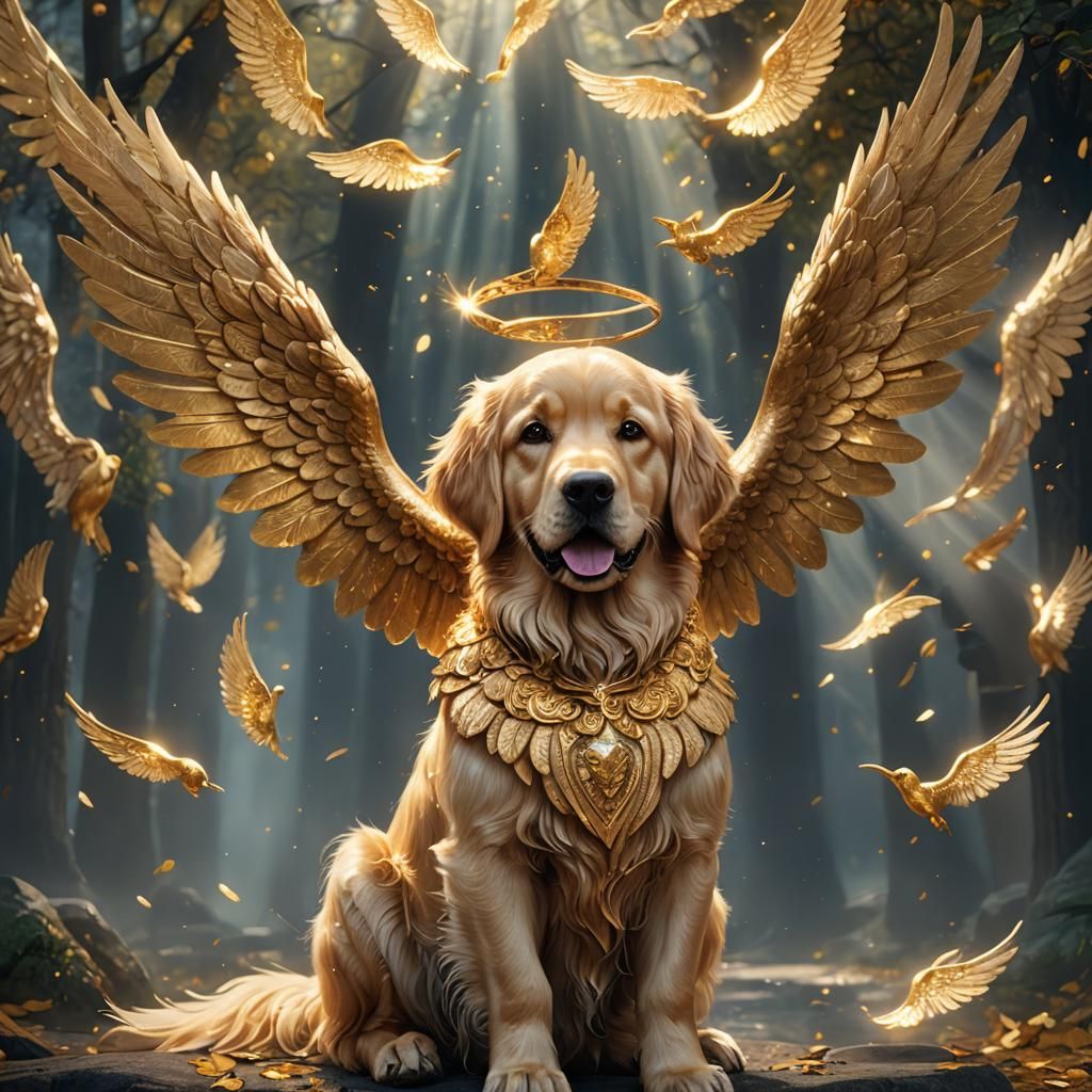 Golden Retriever Angel with Detailed Wings