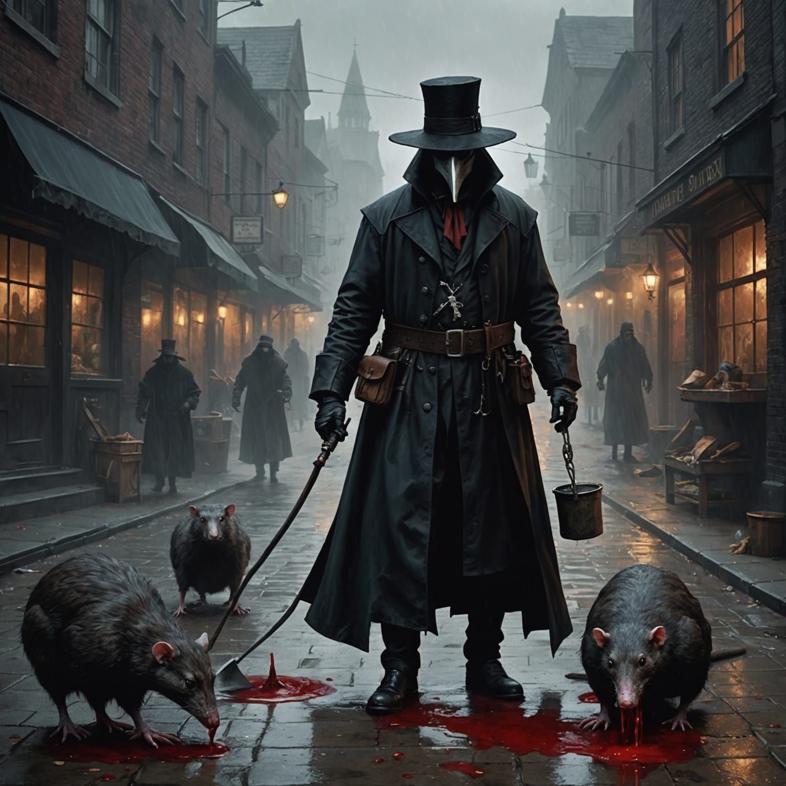 Bleeding Plague Doctor in Sinister, Fog-Laden Street