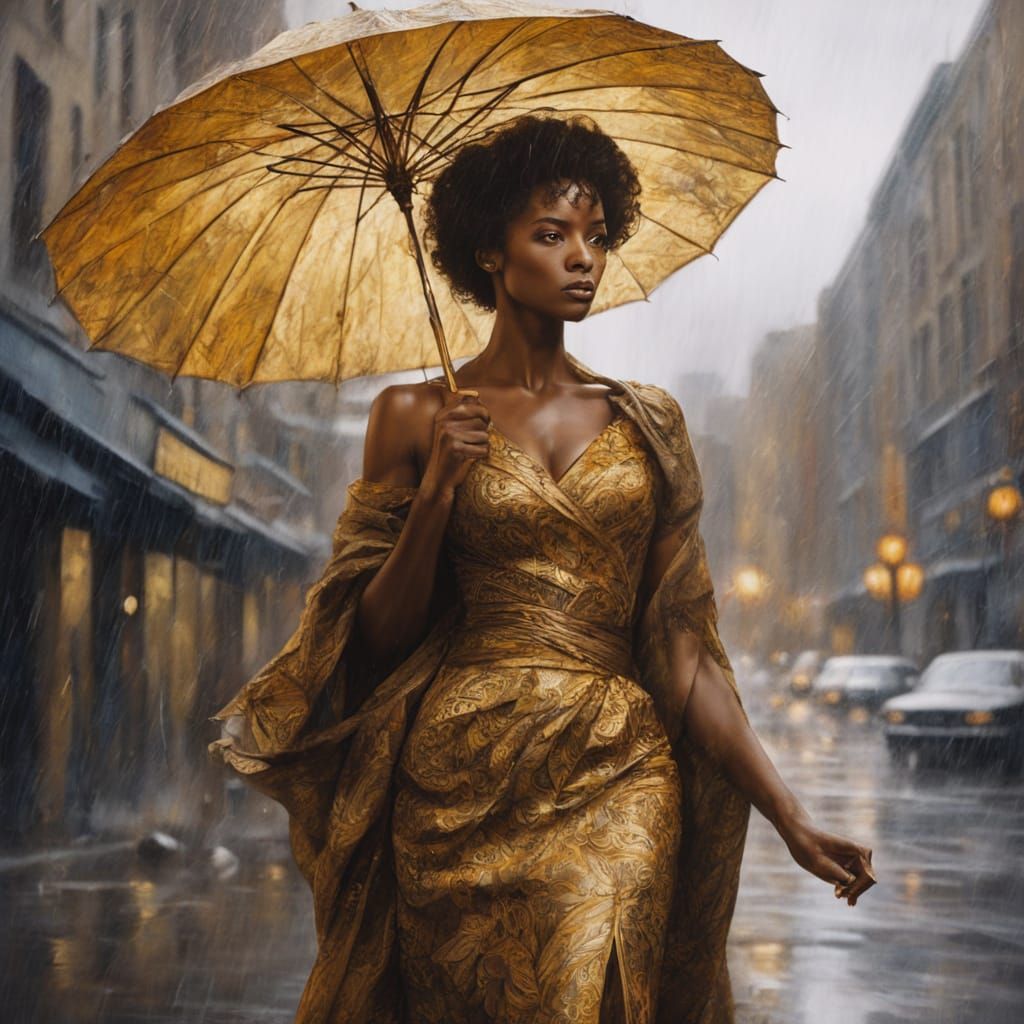 African American Woman in Stormy Cityscape, Golden Umbrella
