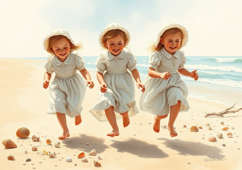 Children Collecting Shells: Delicate Watercolor Painting