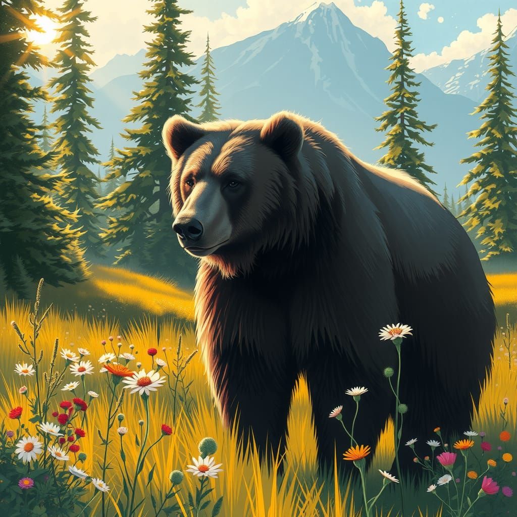 Grizzly Bear in Summer Meadow, Comic Book Art