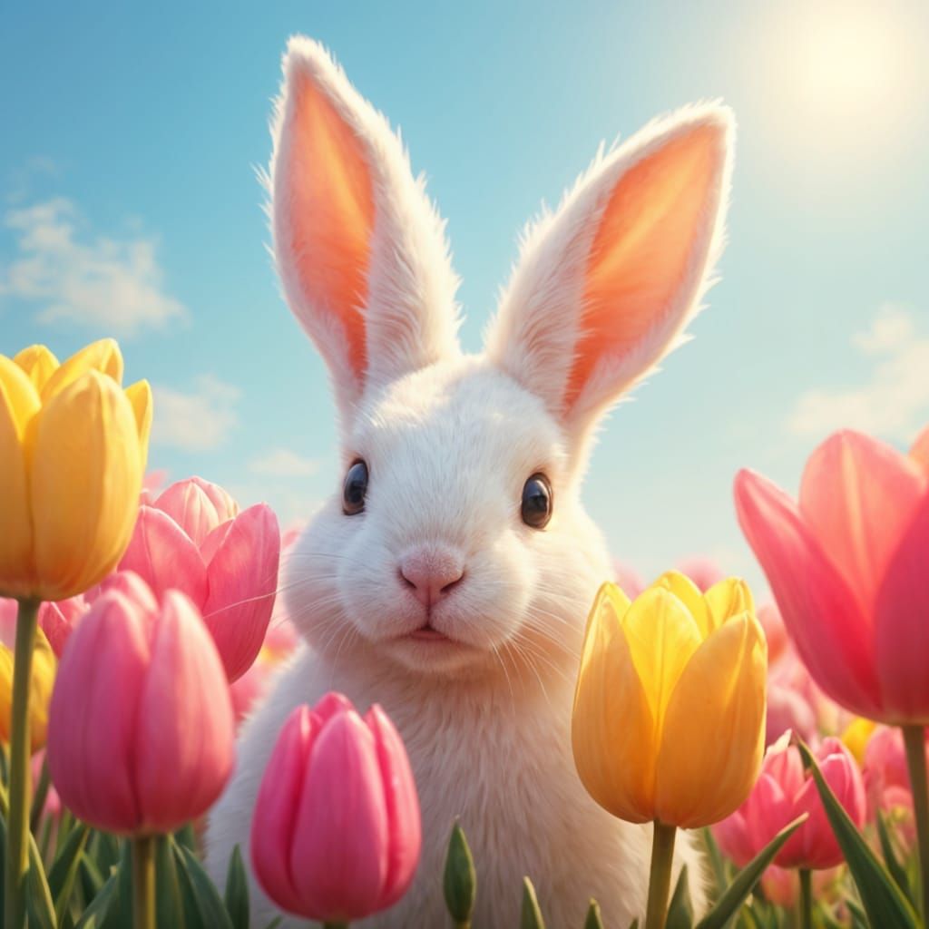 Whimsical White Rabbit Peeks from Tulip Garden