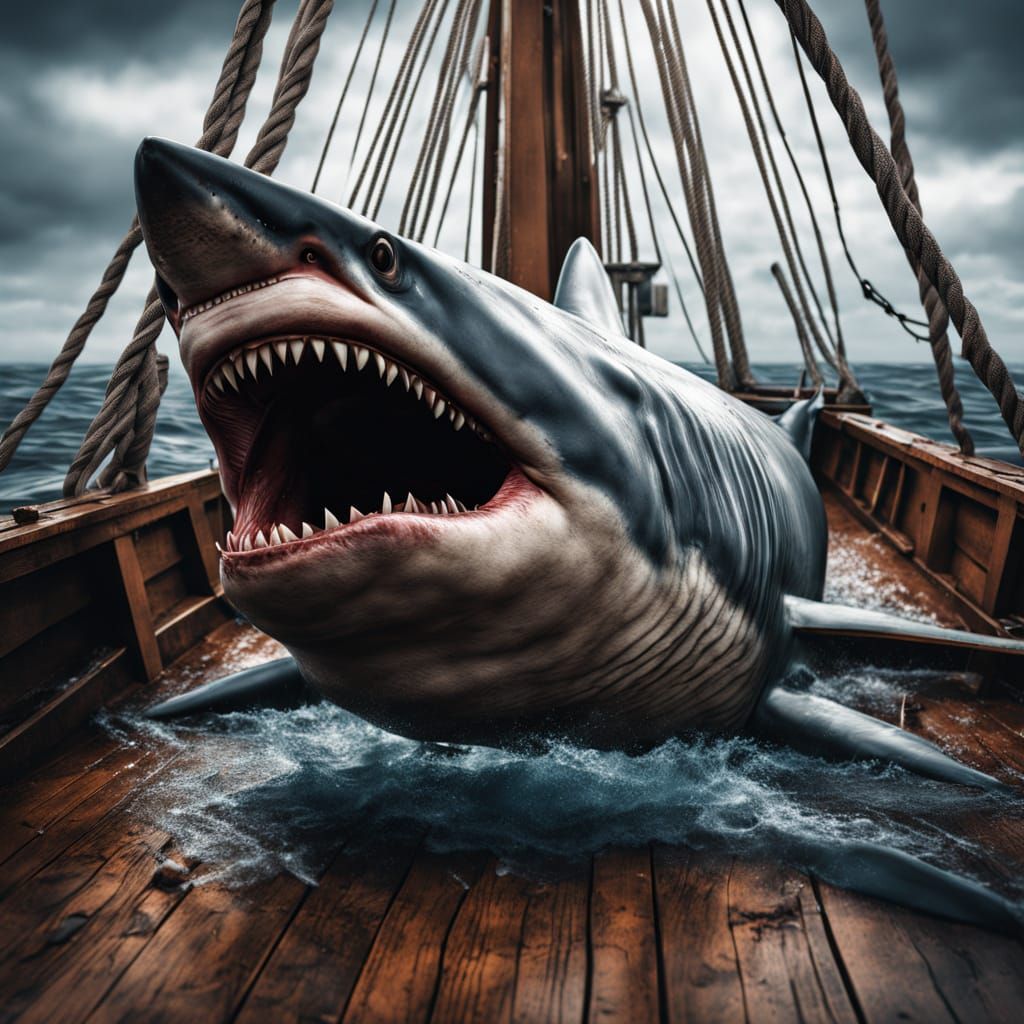 Giant Shark Attacks Fishing Boat in Stormy Seas