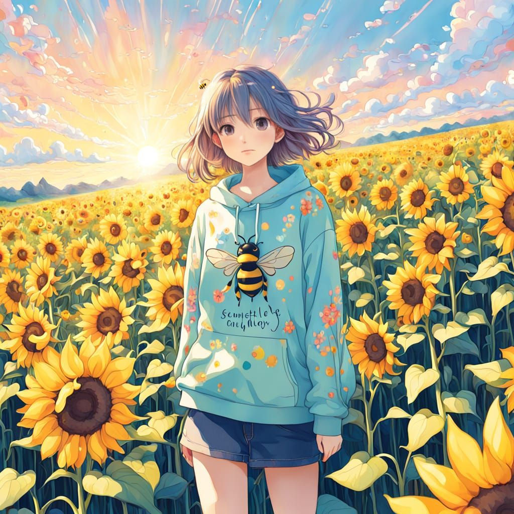 Whimsical Sunflower Girl in Bee Sweatshirt