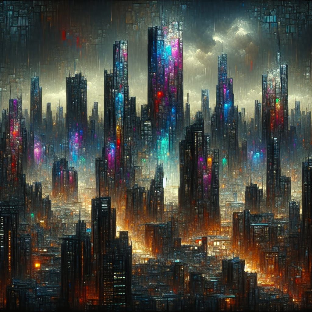 Cyberpunk Cityscape with Stained Glass Skyscrapers
