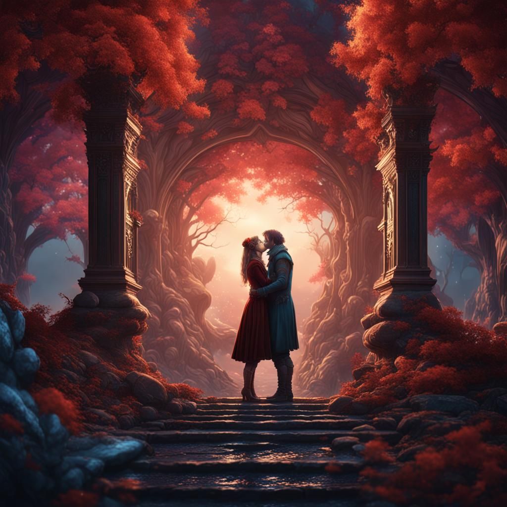 Fantastical Kissing Scene in Detailed Matte Painting