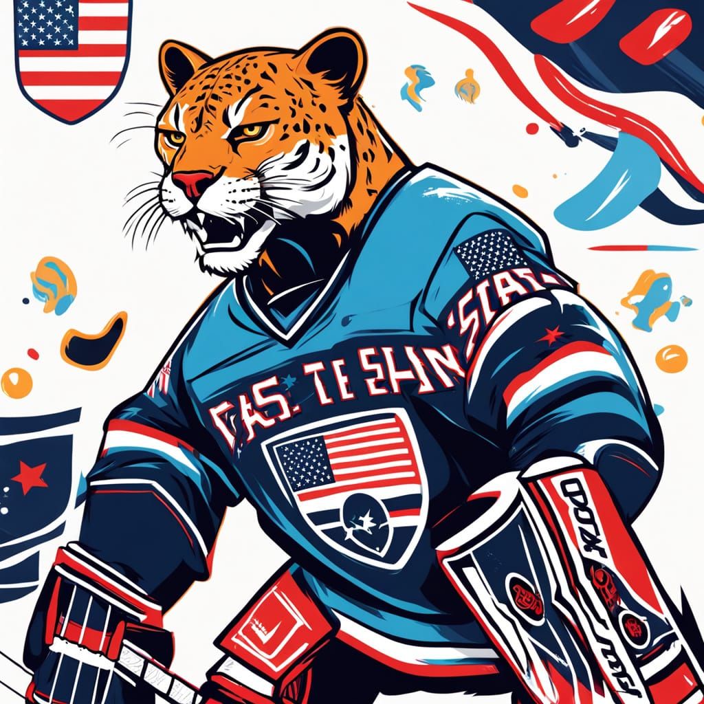a stylisied ginger panther playing hockey, usa theme. bad AI