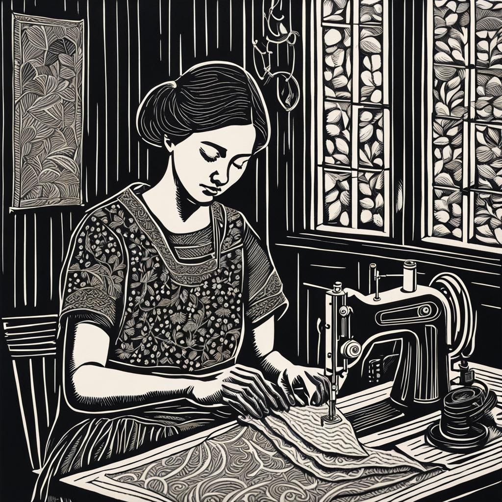 Linocut of Woman Sewing with Gouache Details