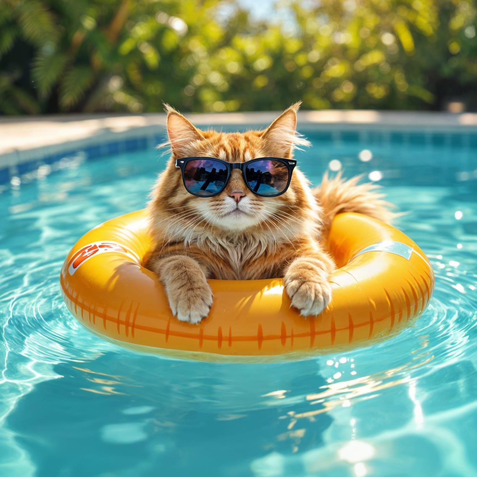 Fluffy Cat Relaxing by Pool in Digital Painting Style