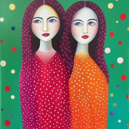 Sisters Embracing: A Colorful Oil Gouache Painting